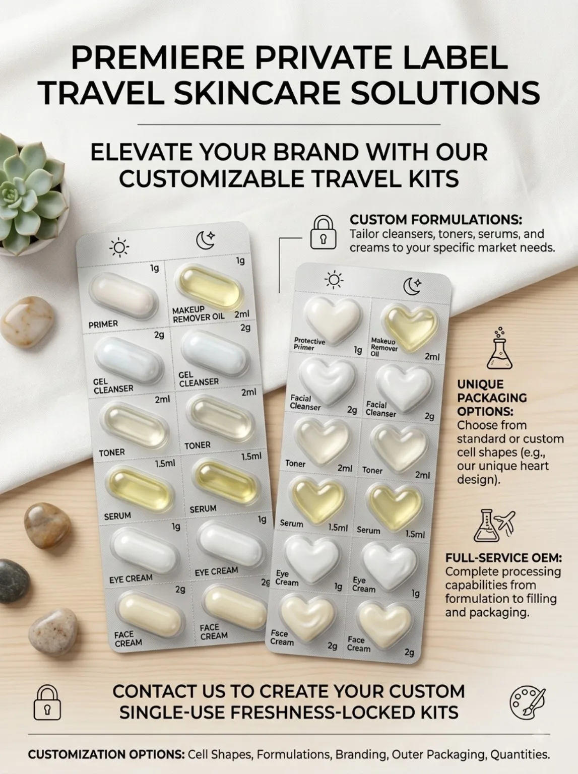 Private-label travel skincare kit with customizable formulas and packaging