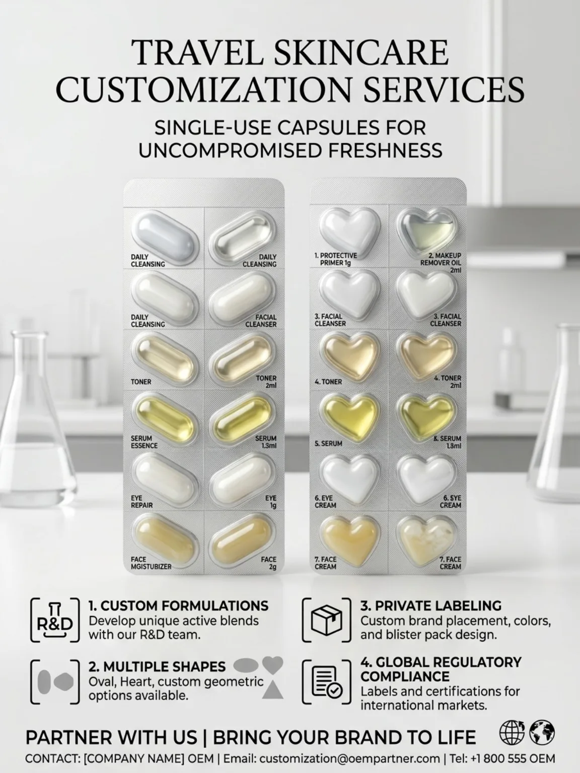 Oval and heart-shaped travel skincare capsule customization options