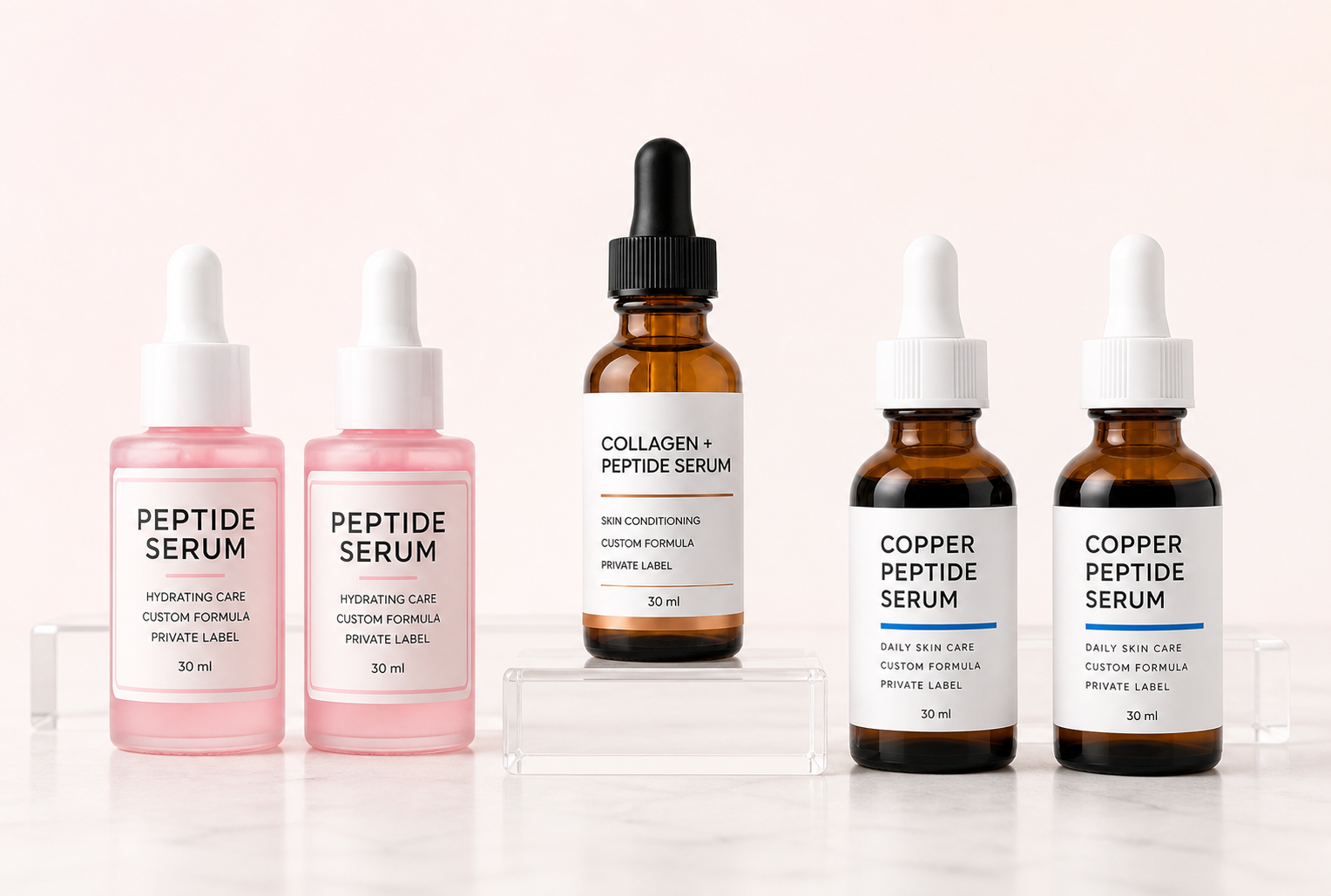 Private label facial serum lineup showing customizable bottles and formulas